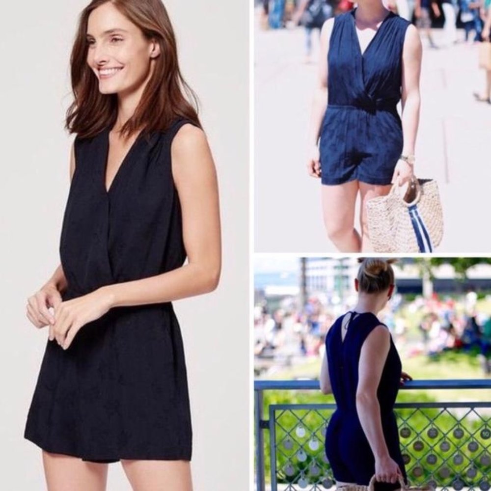 Navy Blue Floral Jacquard Tie Back V-neck - Petite